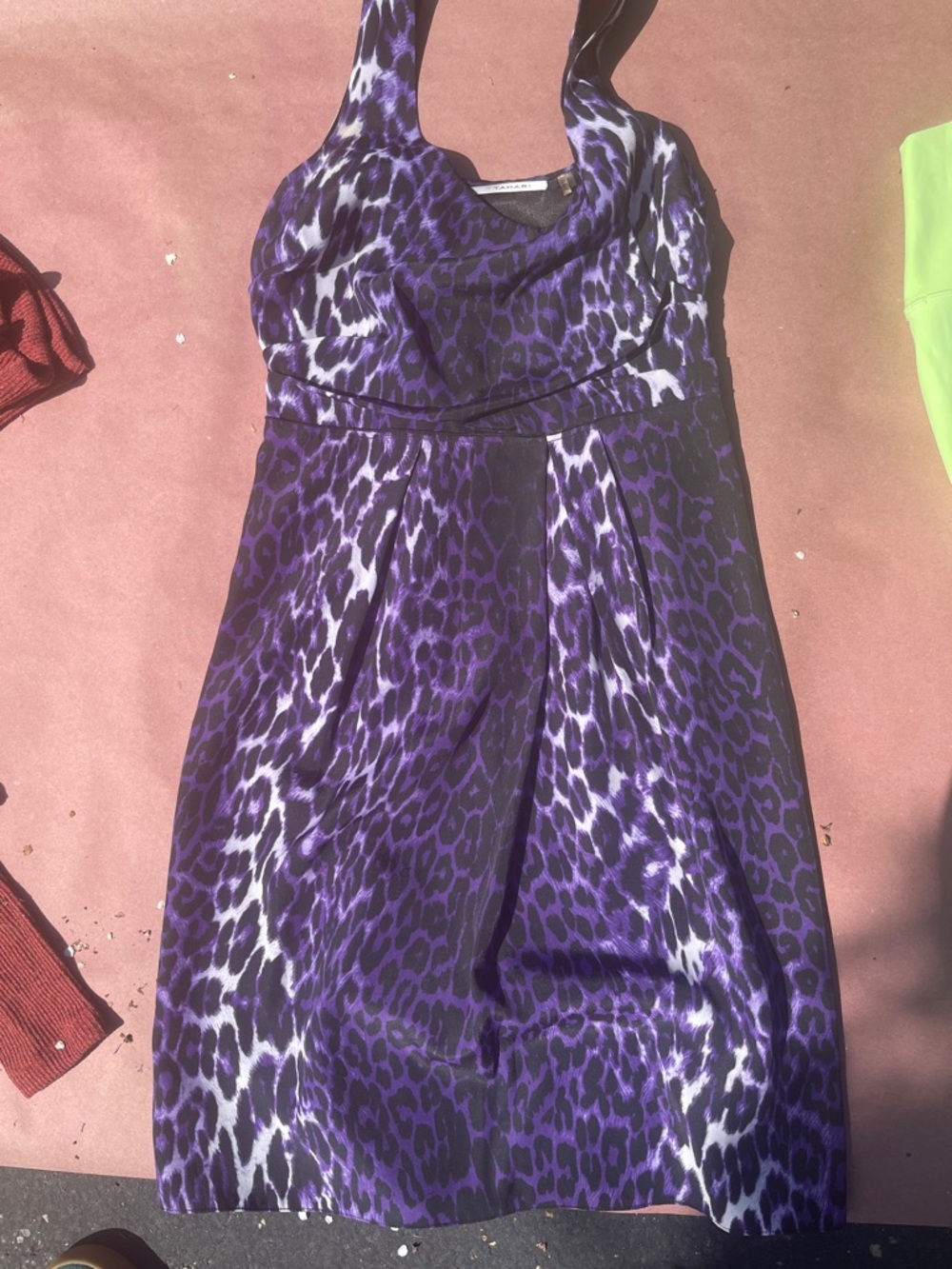 Tahari Purple and Black Leopard Print Halter Dress